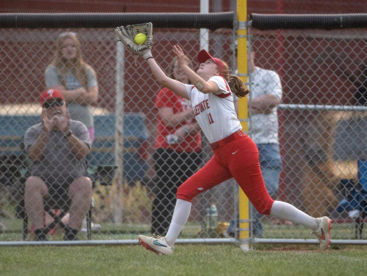 Bellefonte’s Madison Ripka makes a catch for an out during the game against Montour in the first round of the PIAA class 4A softball playoffs on Monday, June 5, 2023.