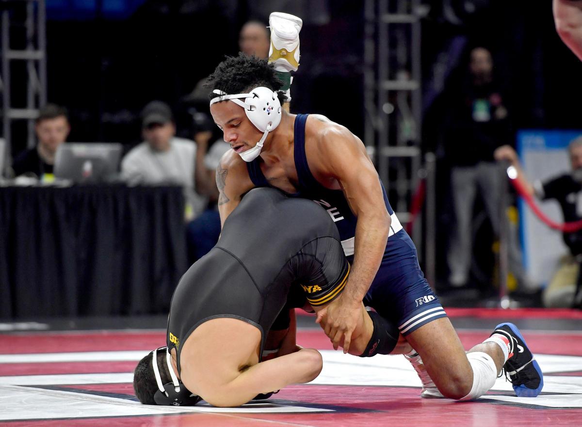 Penn State’s Mark Hall controls Iowa’s Michael Kemerer in the 174 lb championship bout in the Big Ten championships at Rutgers on Sunday, March 8, 2020. Hall won by decision, 8-5.