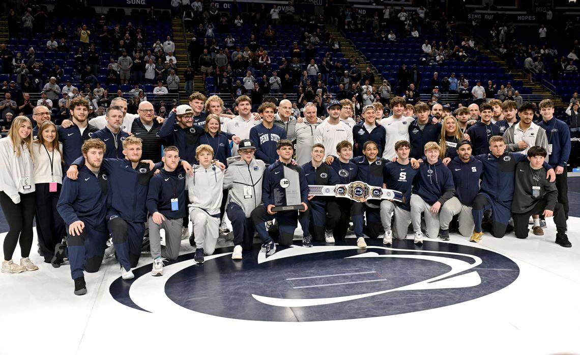 The Penn State wrestling team celebrates being the Big Ten wrestling tournament champions on Sunday, March 8, 2026.  