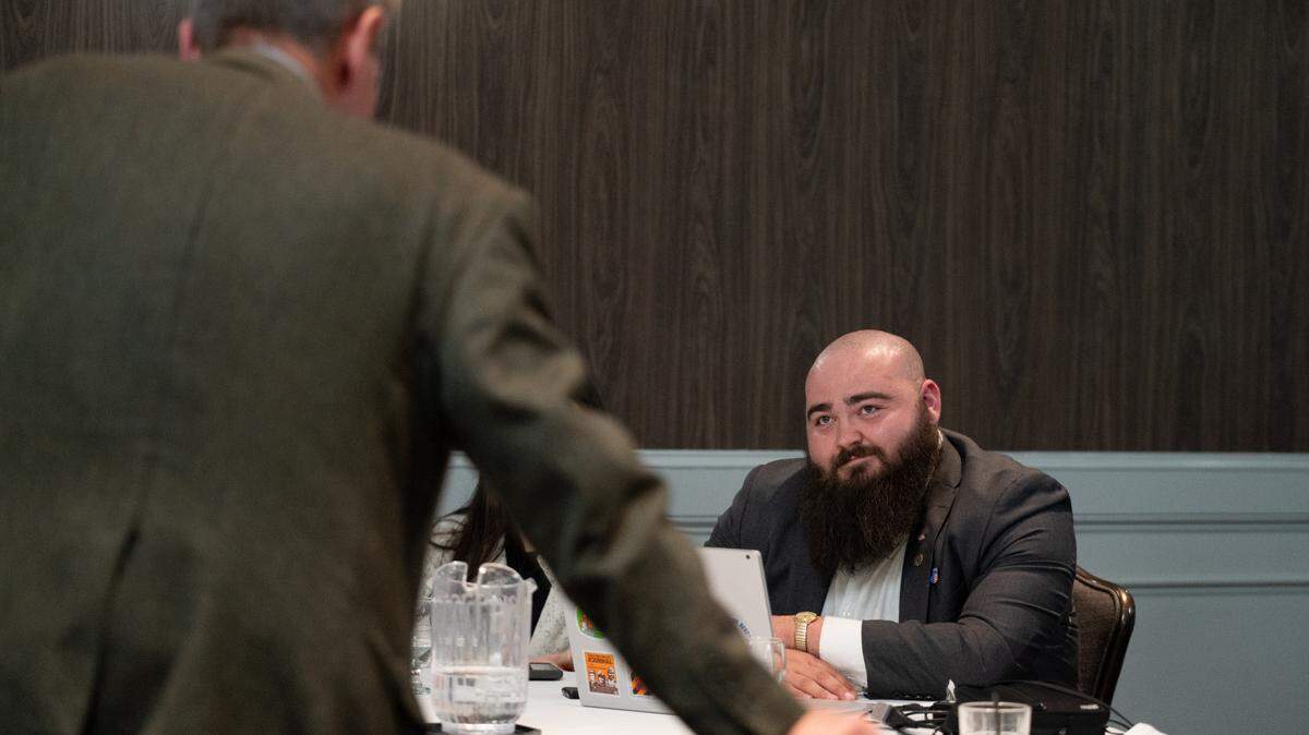 Zach Womer, right, speaks with state Rep. Paul Takac, left, at a Democratic watch party for the 2024 presidential election on Nov. 5, 2024. Womer unsuccessfully ran for U.S. Congress and plans to run in 2026 for Pennsylvania’s 77th House District.