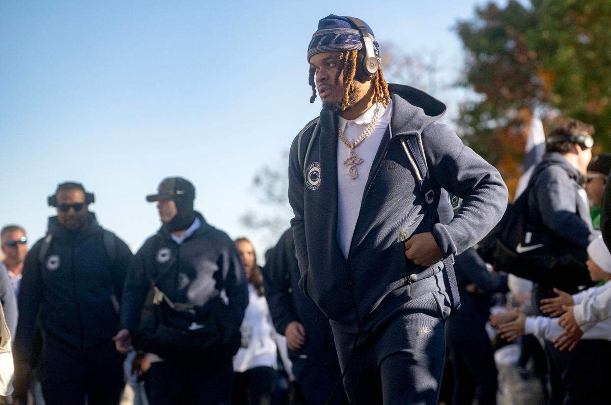 Penn State safety Jaylen Reed and his teammates arrive at Beaver Stadium for the game against Ohio State on Saturday, Nov. 2, 2024.