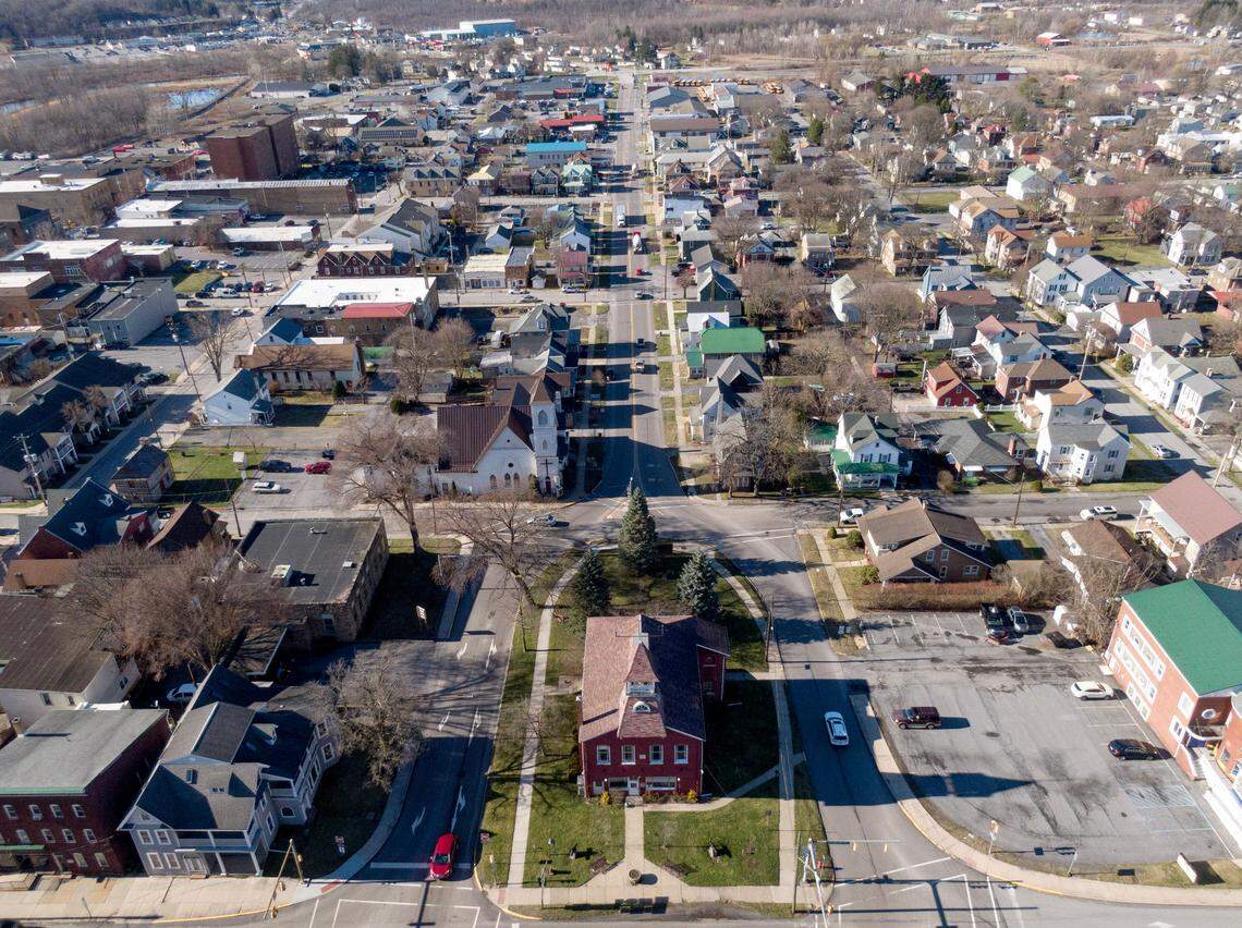 An aerial look of the Philipsburg Borough office and North Centre Street on Thursday, March 7, 2024.