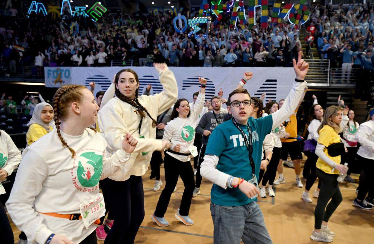 The crowd learns the line dance for the Penn State IFC/Panhellenic Dance Marathon on Friday, Feb. 16, 2024 at the Bryce Jordan Center. The line dance is performed once an hour through the 46 hours.