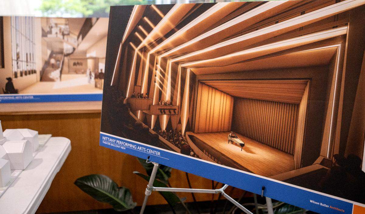 Renders and a model of the proposed Nittany Performing Arts Centre in the State College Municipal building on Wednesday, July 13, 2022.