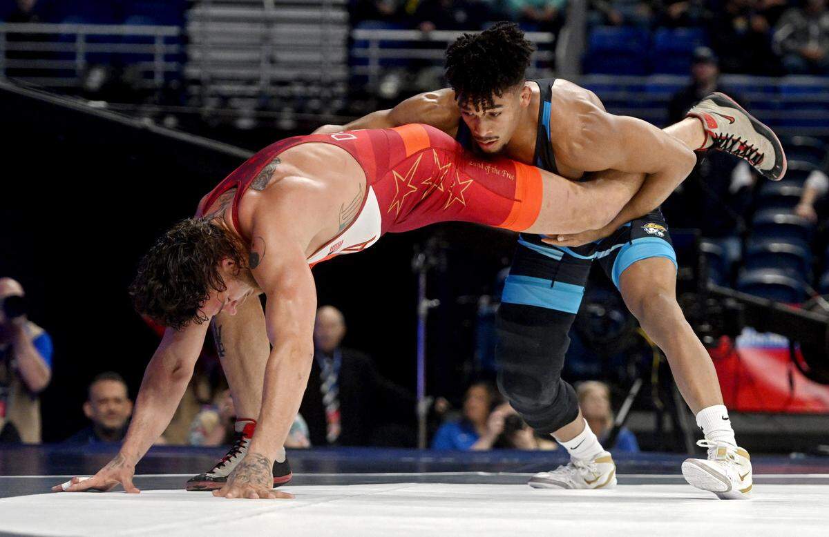 Carter Starocci controls Patrick Downey in a first round 86 kg bout during the U.S. Olympic Team Trials at the Bryce Jordan Center on Friday, April 19, 2024.