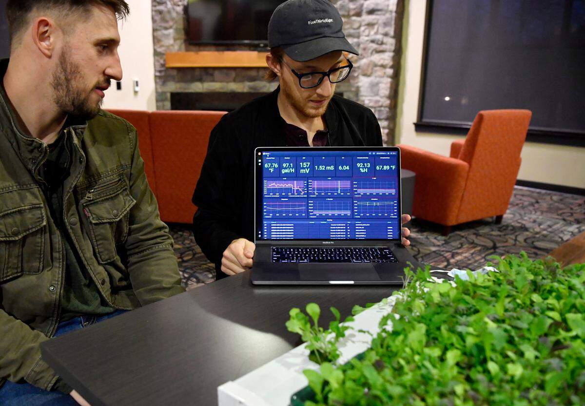 Josh VonFricken shows the program he created to monitor and control the Happy Valley Hydroponics garden in Juniata County.