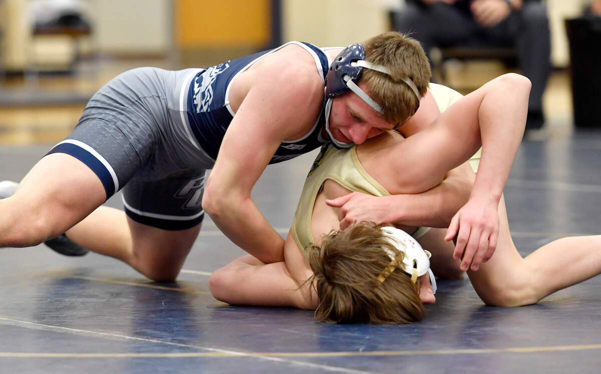 Philipsburg-Osceola’s Luke Hughes controls Bald Eagle Area’s Jeffre Pifer in a 145 lb bout during the District 6 AA section 2 tournament on Wednesday, Feb. 17, 2021.
