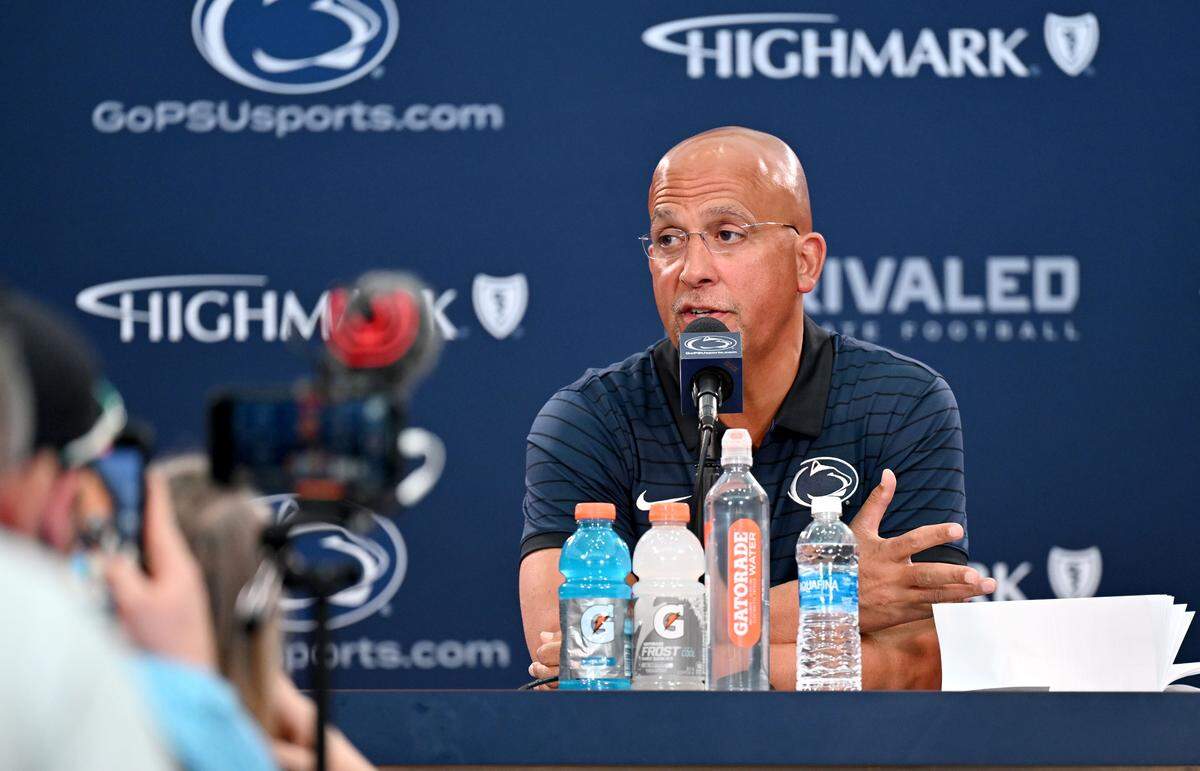 Penn State football coach James Franklin answers questions during media day on Saturday, Aug. 2, 2025.  
