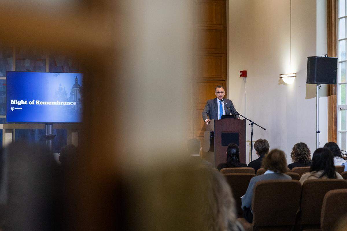 Penn State Provost Fotis Sotiropoulos gives a speech during the Night of Remembrance inside Eisenhower Chapel on Thursday, April 30, 2026. The event was hosted by student government organizations in honor of Penn State students and faculty who died during the 2025-26 school year.