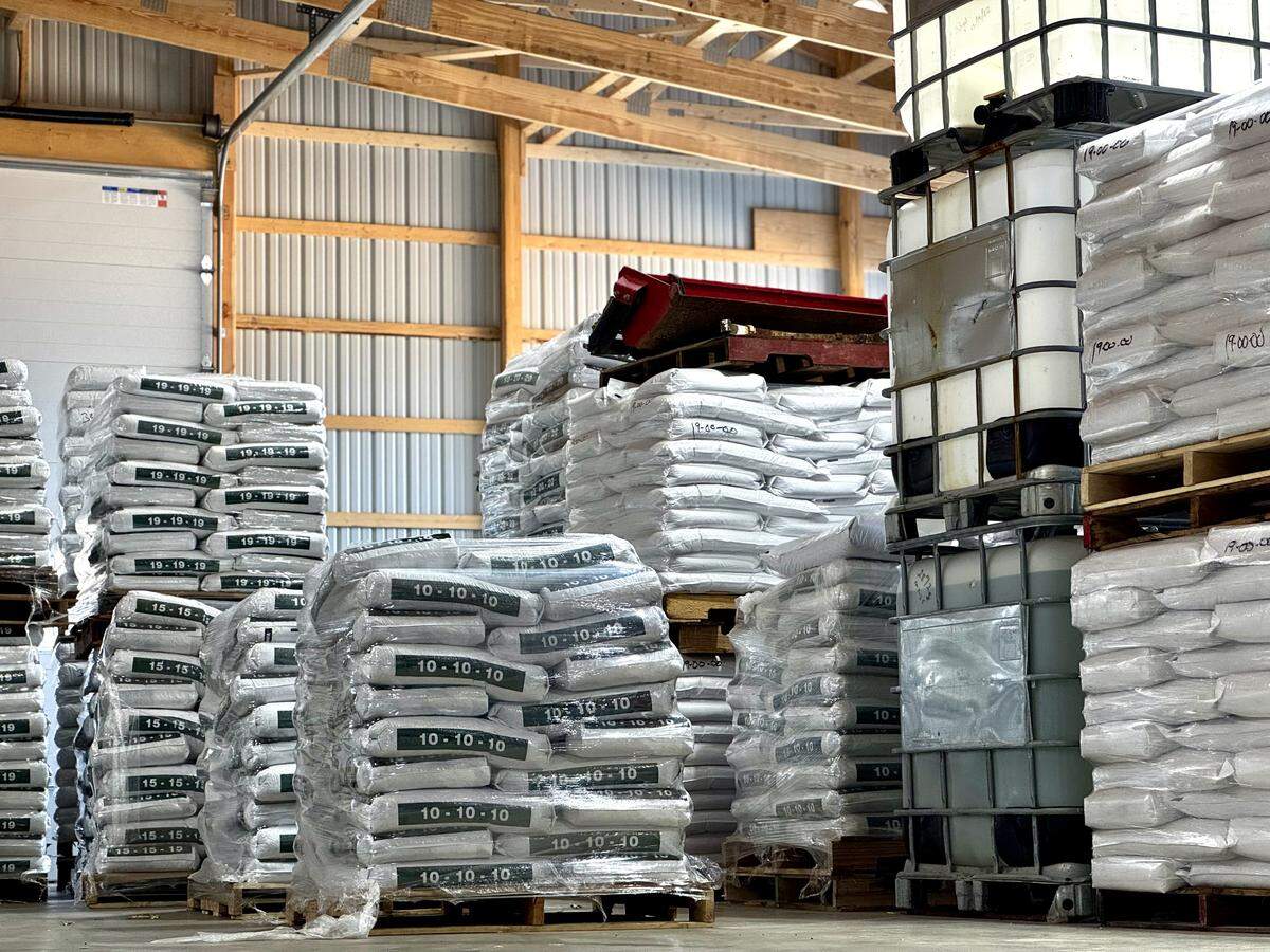 Some of Fritz McGrail’s fertilizer stock is seen March 31, 2026.