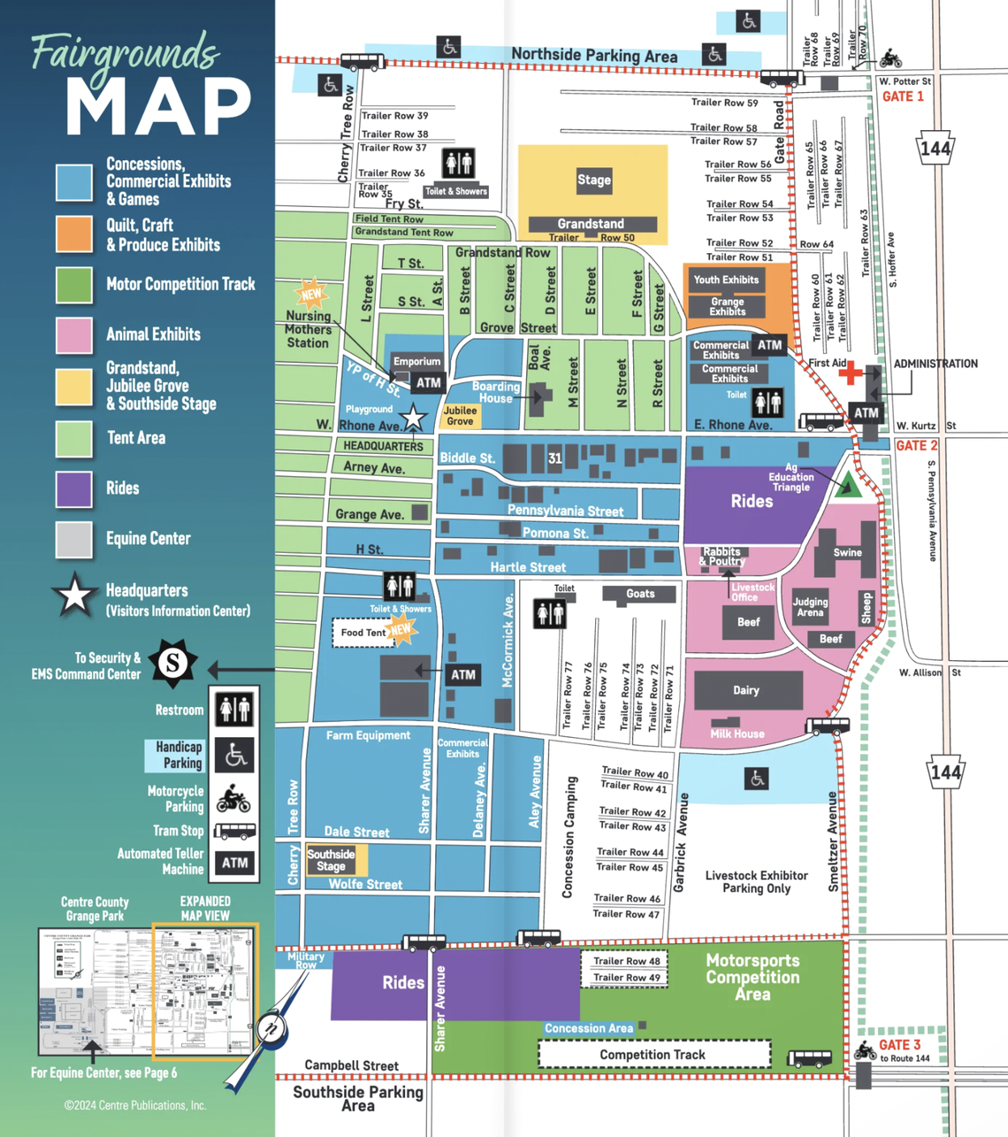This map provides an overview of the 2024 Grange Fair’s central fairgrounds.