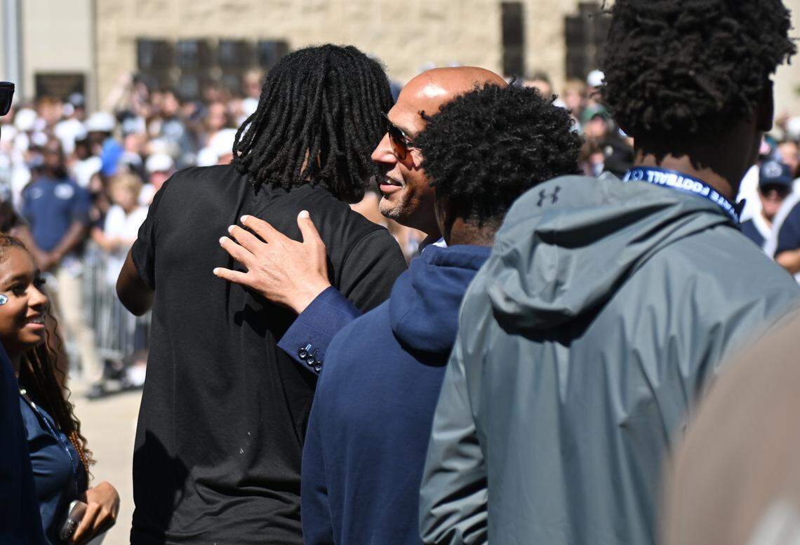Penn State football coach James Franklin greets recruits during team arrival before the game against Villanova on Saturday, Sept. 13, 2025.