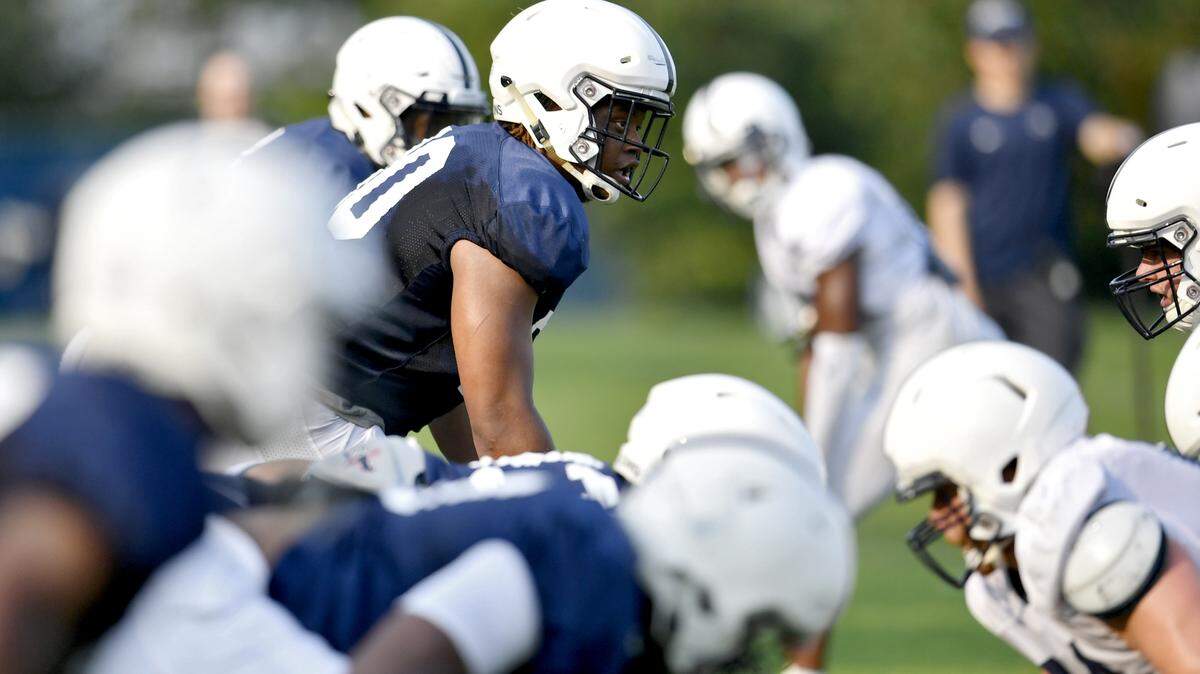 Penn State linebacker Jesse Luketa lines up for a play during practice on Wednesday.