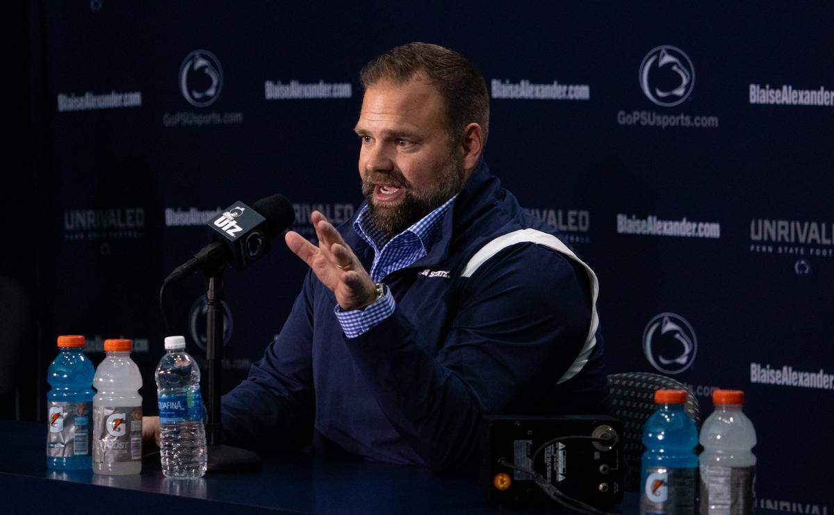 Newly hired Offensive Coordinator Andy Kotelnicki speaks during a press conference for Penn State football’s Peach Bowl media day on Friday at Beaver Stadium. Kotelnicki joined the Nittany Lions after three seasons as an offensive coordinator with the Kansas Jayhawks.