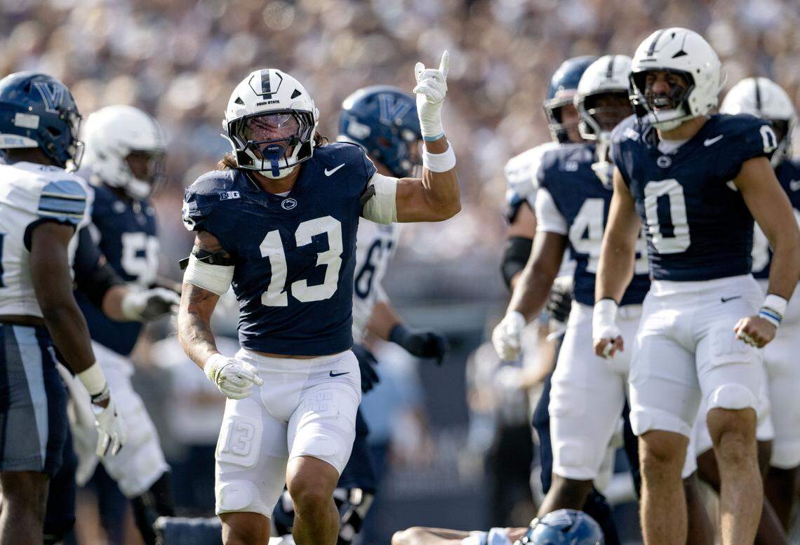 Penn State linebacker Tony Rojas celebrates stopping Villanova quarterback Tanner Maddocks during the game on Saturday, Sept. 13, 2025.