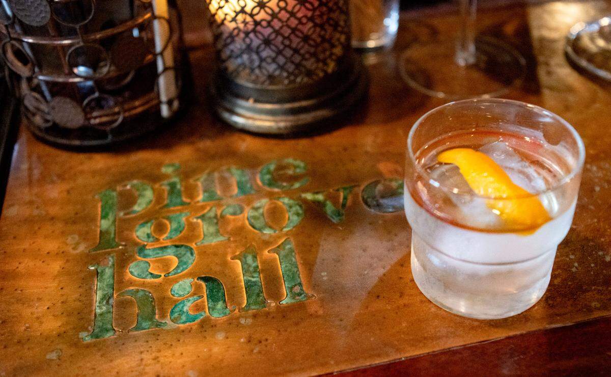 A White Lodge, which features Ilegal mezcal joven, Dolin vermouth blanc, luxardo bitter Bianco, peychaud’s bitters and coffee tincture with a flamed orange peel at Pine Grove Hall.