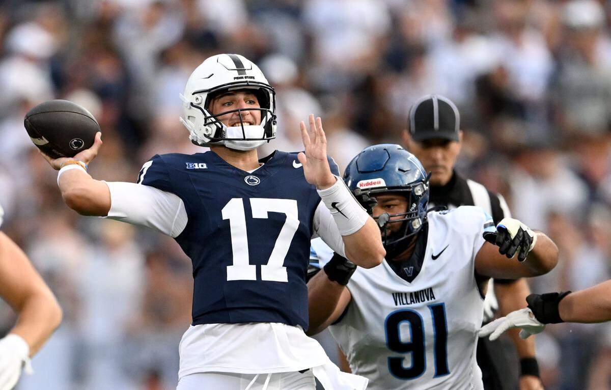 Penn State quarterback Ethan Grunkemeyer makes an incomplete pass during the game on Saturday, Sept. 13, 2025.