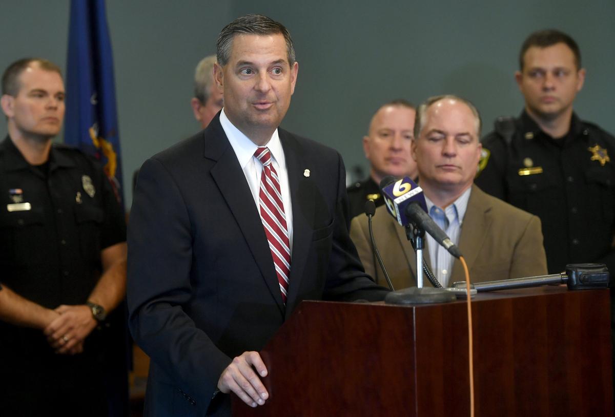 U.S. Attorney for the Middle District of Pennsylvania David Freed talks about the Blocking Deadly Fentanyl Imports Act during a press conference at the Centre County Courthouse Annex on Friday, Oct. 19, 2018.