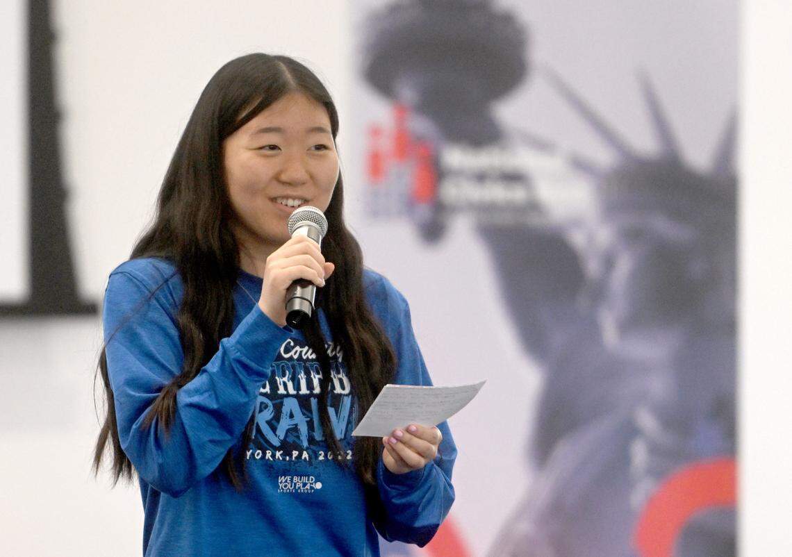 Mount Nittany Middle School eighth grader Sol Lee answers questions from the judges during the final round of the Centre County’s 2023 National Civics Bee on Monday at the Eric J. Barron Innovation Hub.