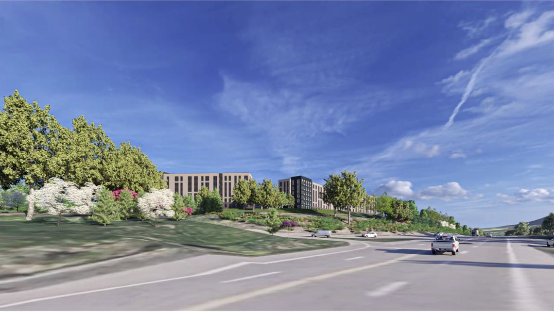A rending what the student residence halls proposed for the southeast corner of Hastings Road and University Drive on the Penn State University Park campus will look like from College Avenue at University Drive.