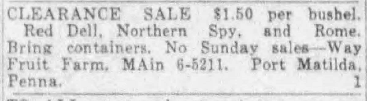 A classified ad from Way Fruit Farm on April 2, 1962. Way Fruit Farm regularly advertised sales and when new fruits were available in the classifieds.