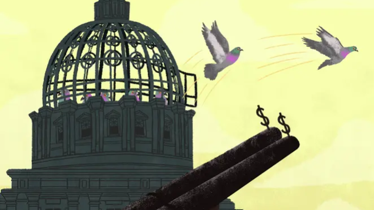 An illustration of a gun adorned with dollar signs aiming at pigeons flying from the Pa. Capitol.