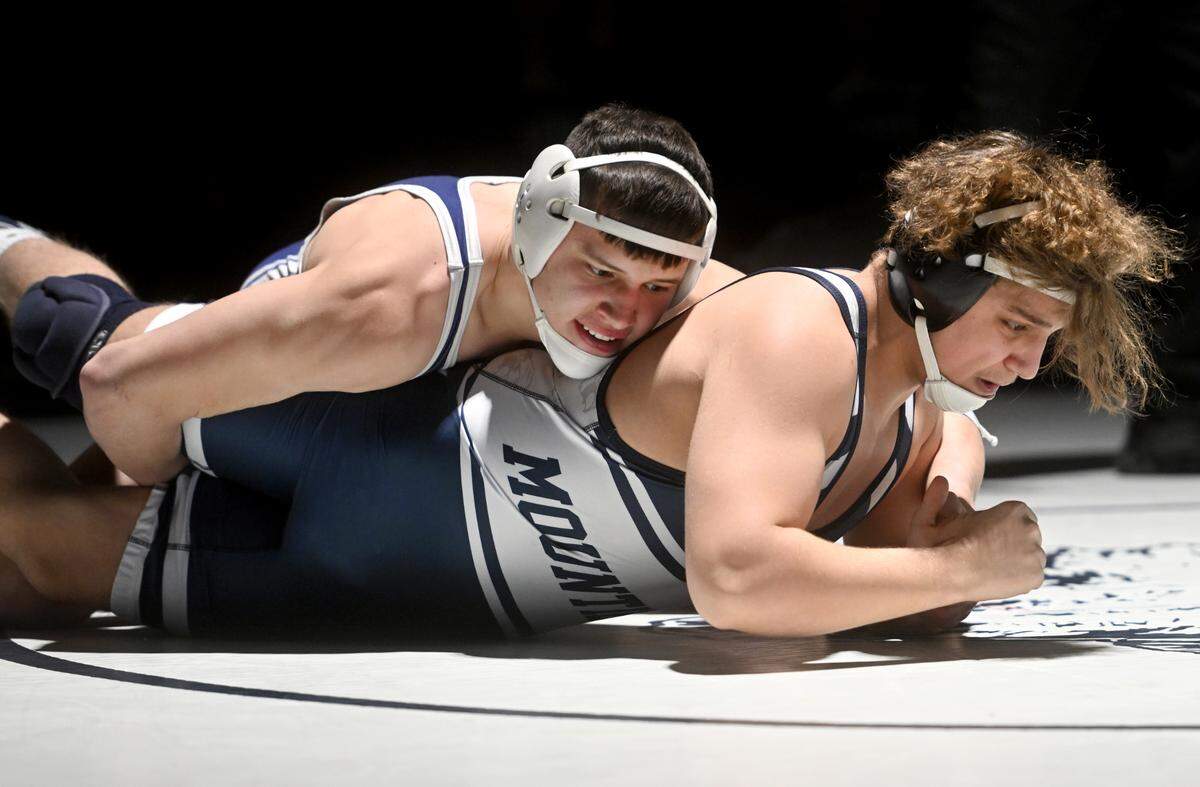 Penns Valley’s Ethan Fetterolf controls Philipsburg-Osceola’s Jake Bainey in the 172 lb bout of the match on Tuesday, Jan. 31, 2023 as part of the the District 6 team tournament.