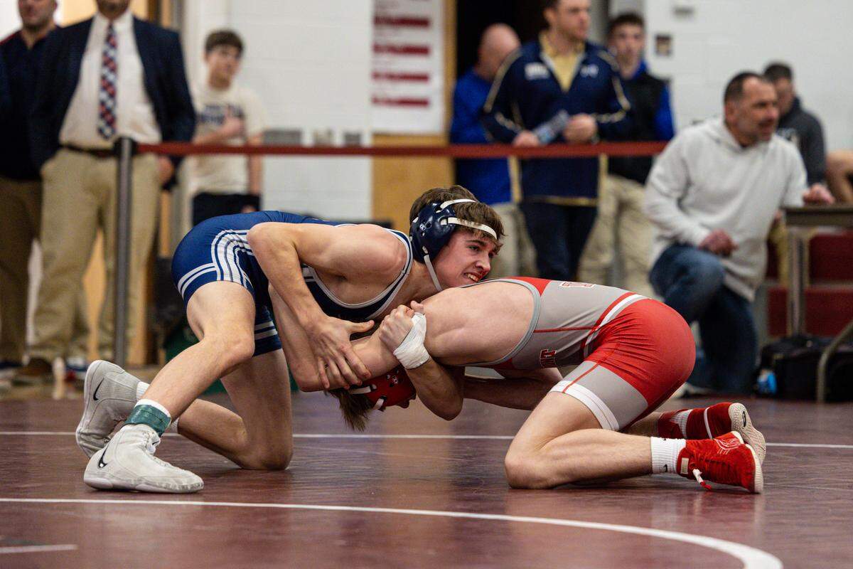 Penns Valley’s Conner Myers controls Westmont Hilltop’s Owen Dluhos in their 127-pound finals match of the District 6 Class 2A Championships on Saturday, Feb. 14, 2026, in Altoona. Myers routed Dluhos, 13-1.
