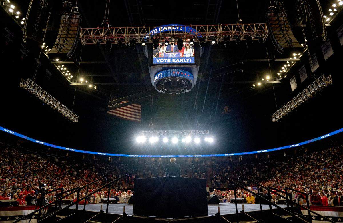 Donald Trump speaks to the crowd at the Bryce Jordan Center on Saturday, Oct. 26, 2024.