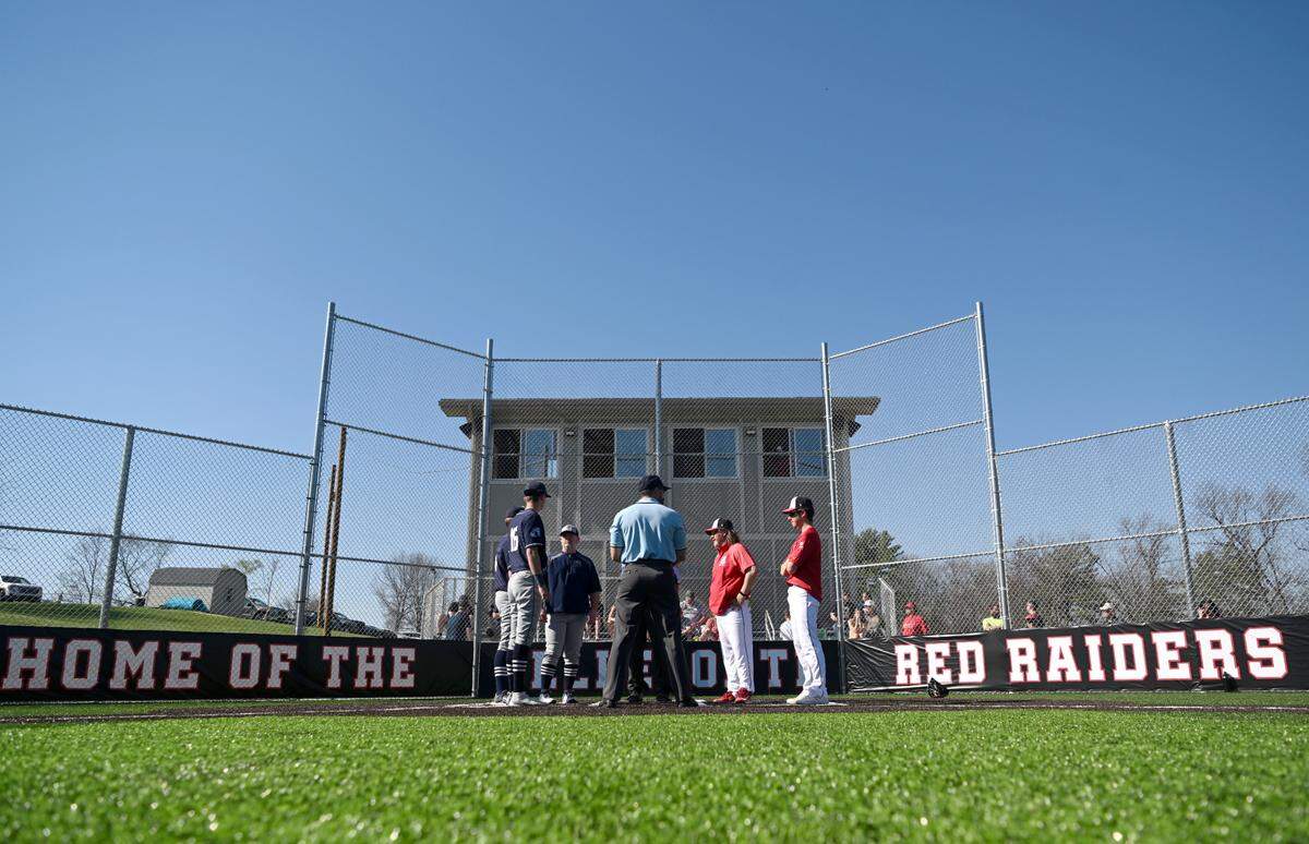Philipsburg-Osceola and Bellefonte baseball coaches and captains have the meeting with the empire for the game on Thursday, April 13, 2023 at Bellefonte’s renovated field.