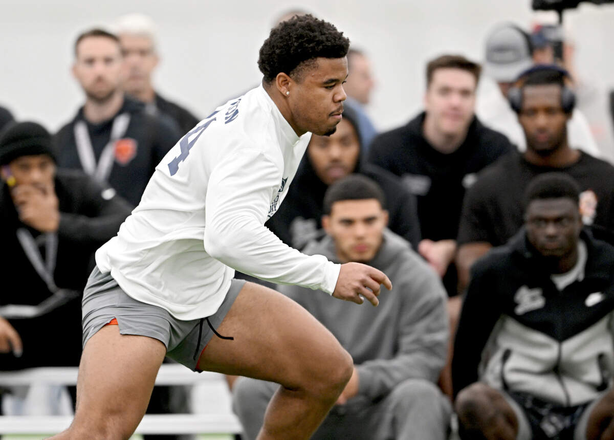 Defensive end Chop Robinson runs the 3 cone drill during Penn State’s Pro Day on Friday, March 15, 2024 in Holuba Hall.