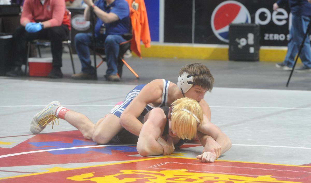 Penns Valley’s Colten Shunk controls Cranberry’s Conner Rezkowski in their 133-pound preliminary match of the PIAA Class 2A Championships on Thursday, March 9, 2023 at the Giant Center in Hershey. Shunk shut out Rezkowski, 5-0.