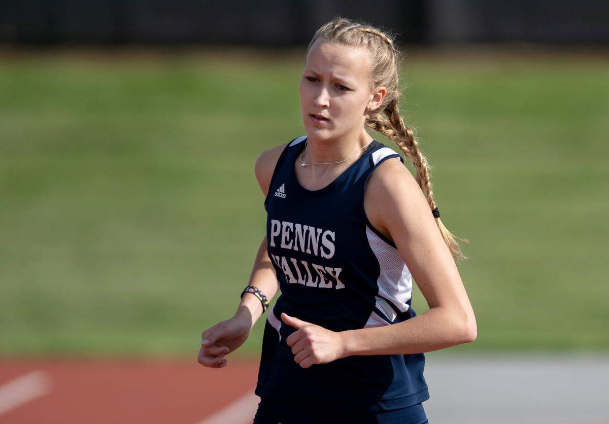 Penns Valley’s Alexis Durn leads the 1600 meter run during the Mountain League track and field championships on Tuesday, May 9, 2023. Durn finished in first with a time of 5:36.78.