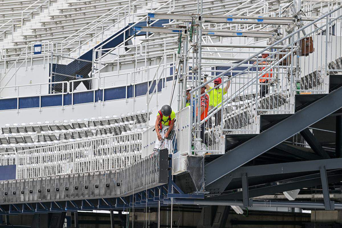 As part of the $700 million Beaver Stadium renovation, electrical work is done on the ribbon board installation in the south end zone. All gates, South videoboard and ribbon boards will be operational in time for the 2024 Penn State Football home season.