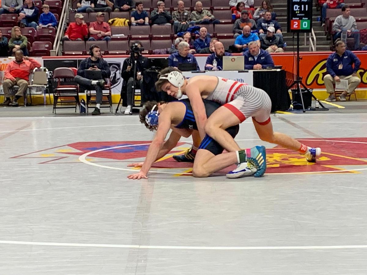 Bellefonte’s Jude Swisher controls Nazareth’s Nicholas Foster in their 145-pound third place match of the PIAA Class 3A Championships On Saturday, March 12, 2022 at Giant Center in Hershey. Swisher shut out Foster, 8-0, in his final high school match.