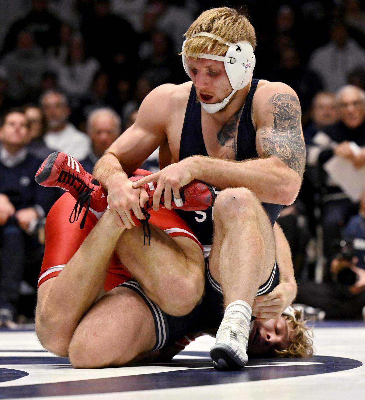 Penn State’s Josh Barr wrestles Indiana’s Gabe Sollars in the 197 lb bout of the match on Friday, Jan. 23, 2026.
