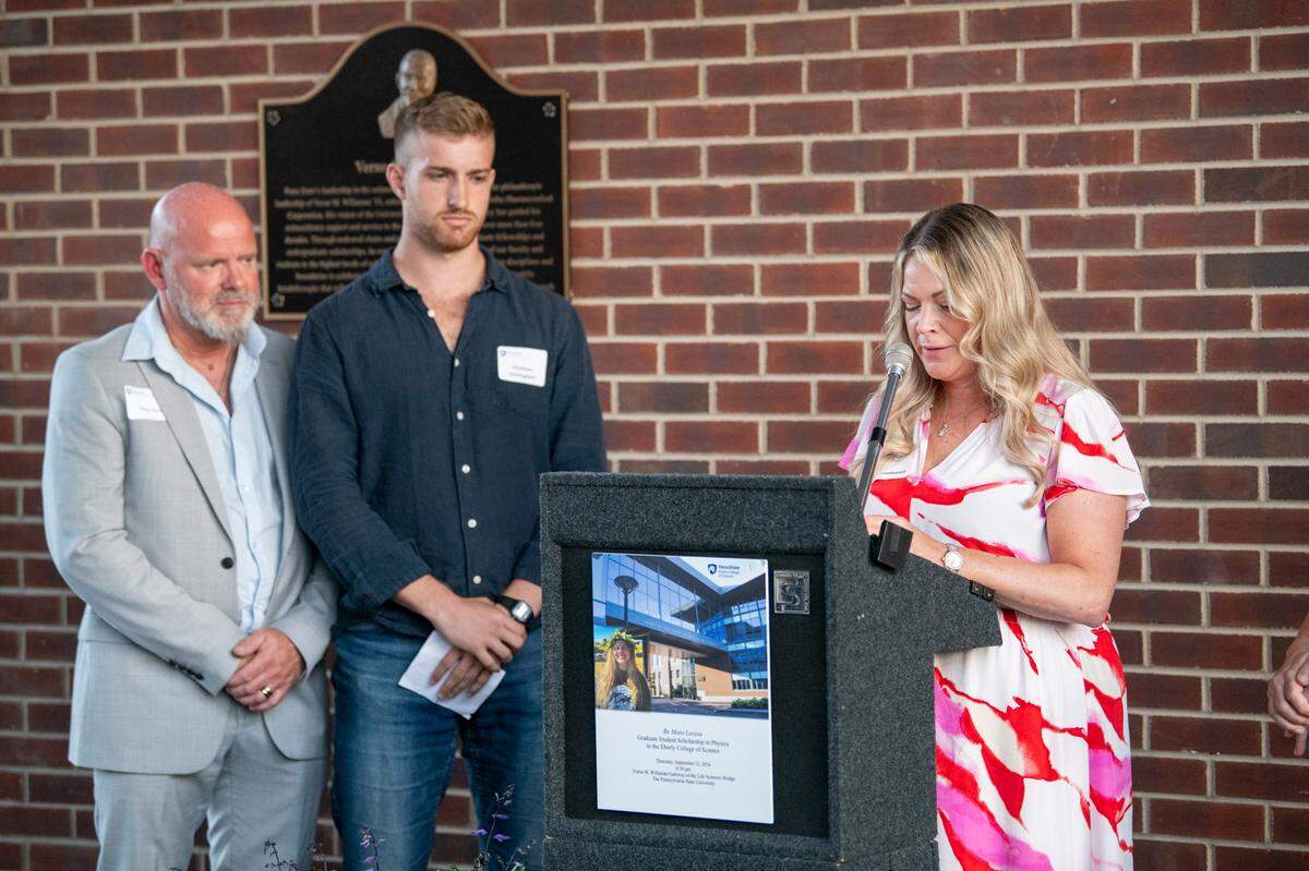 Peter Arnesson Gyld, Matthew Hollingham, and Maja Cronhamre speak about Lovisa Arnesson-Cronhamre during a ceremony celebrating Lovisa’s life on Sept. 12 where they also announced the memorial scholarship’s establishment.