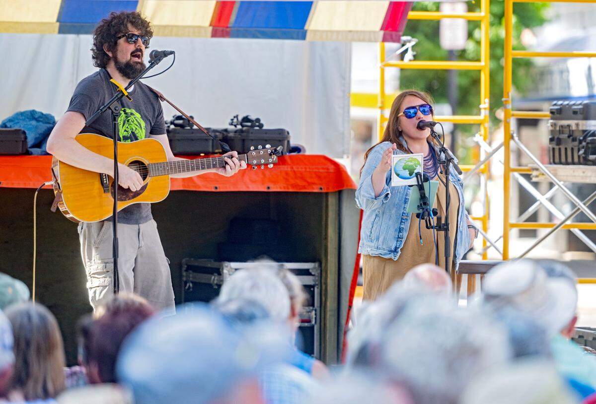 Hops & Vines entertains the crowd on the Allen Street Stage during the Central Pennsylvania Festival of the Arts on Friday, July 12, 2024. Hops and Vines is a made up of Jonathan McVerry and Christie Clancy.