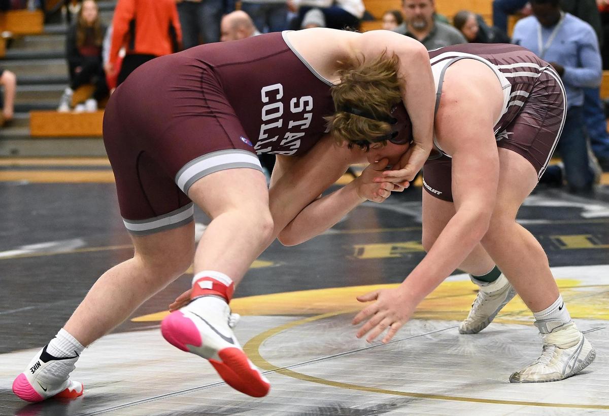 State College’s Nick Pavlechko works on the head of Altoona’s Hayden Speece in their 285-pound final of the Big 7 Tournament on Saturday, January 21, 2023. Pavlechko pinned Speece in 11 seconds.