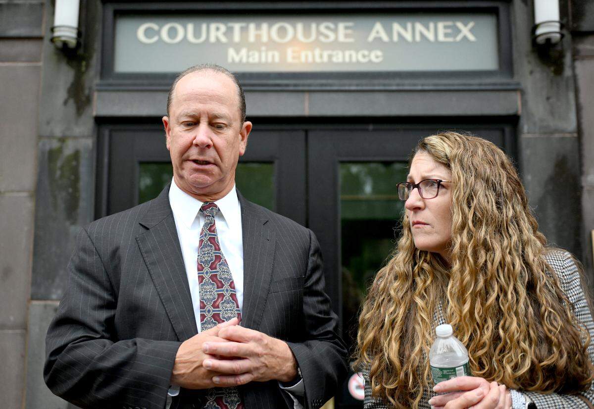 Jim and Evelyn Piazza, the parents of Timothy Piazza, leave the Centre County Courthouse Annex after the sentencing for two of the Beta Theta Pi fraternity brothers on Oct. 1, 2024.