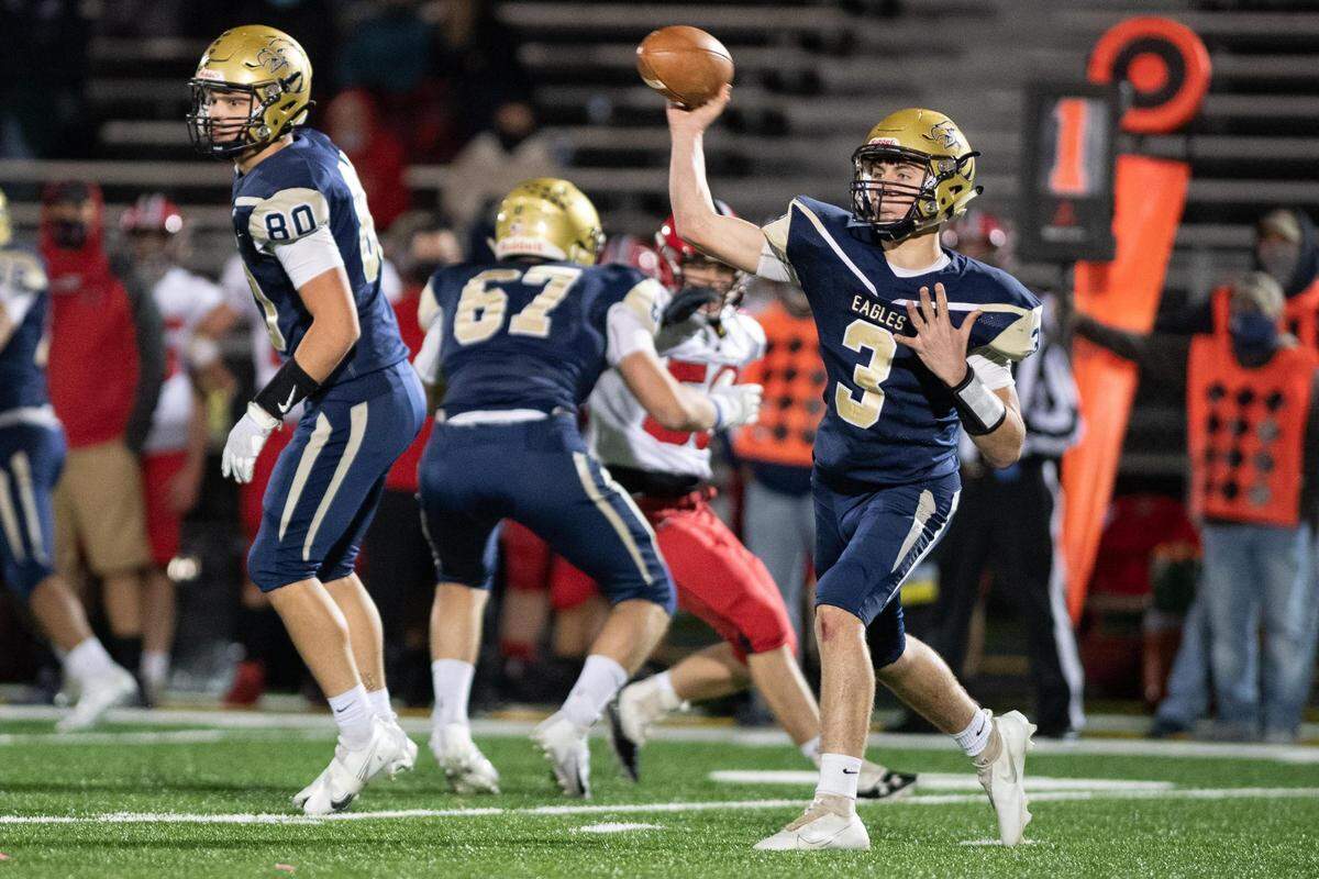 Bald Eagle Area’s Garrett Burns throws the ball during Bald Eagle Area High School’s game against Central Cambria High School on Friday, Nov. 6, 2020 in Wingate, PA.