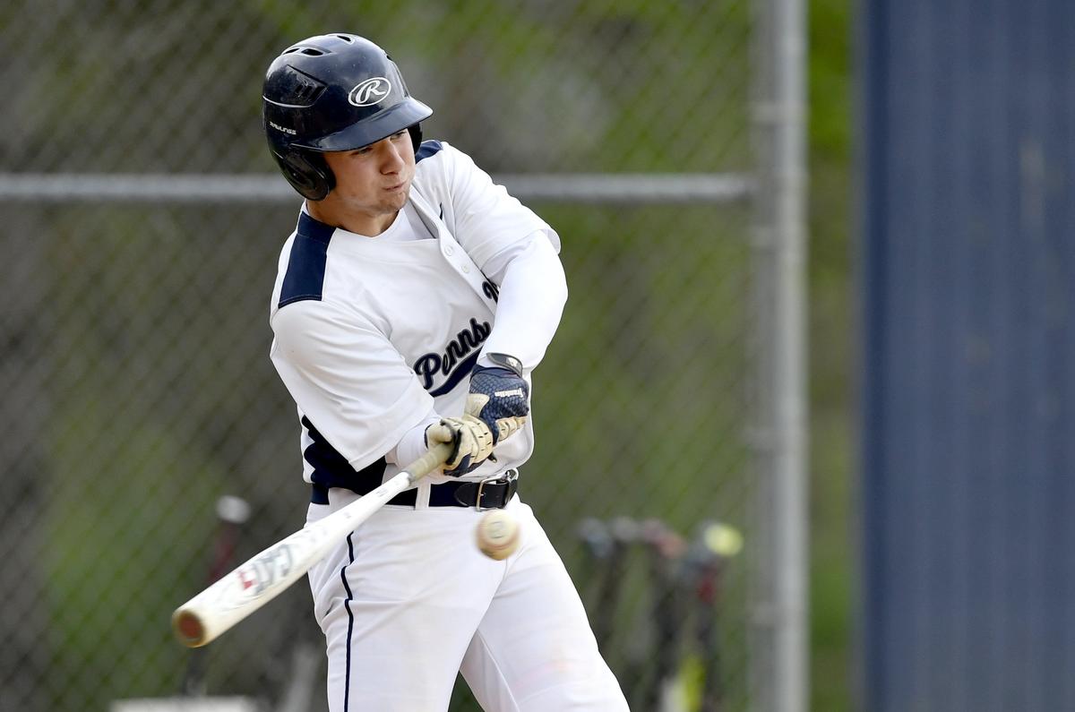 Penns Valley’s Colby Sweitzer hits the ball to deep right field for a double during the game against Clearfield on Friday, May 3, 2019.
