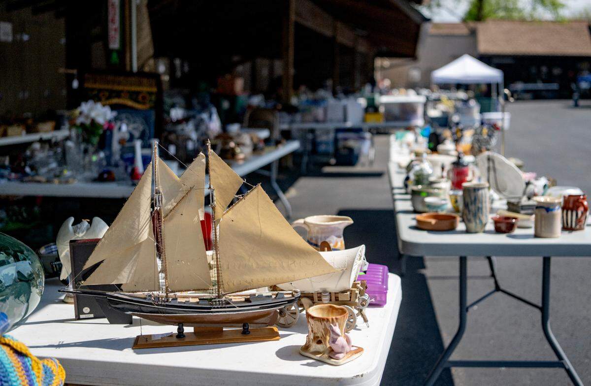 Decorations for sale at the Foxdale Village semi-annual garage sale.