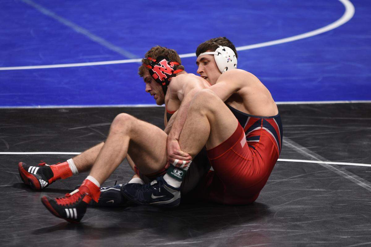 Former State College wrestler Cole Urbas, who competes for Penn, controls Nebraska’s Eric Schultz in their 197-pound first round bout of the NCAA Championships on Thursday, March 17, 2022 at Little Caesar’s Arena in Detroit. Schultz beat Urbas, 15-6.