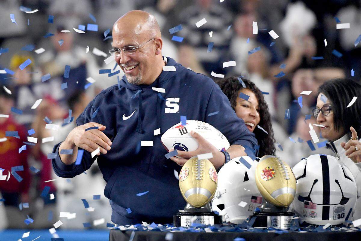 Penn State football coach James Franklin laughs as confetti comes down after the 31-14 win over Boise State in the Fiesta Bowl on Tuesday, Dec. 31, 2024 at State Farm Stadium.  
