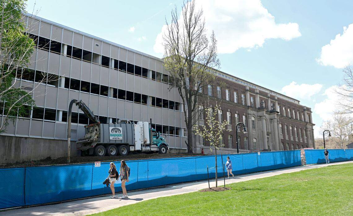 Major renovation work is underway at the Sackett Building on the Penn State campus on Thursday, April 24, 2025.