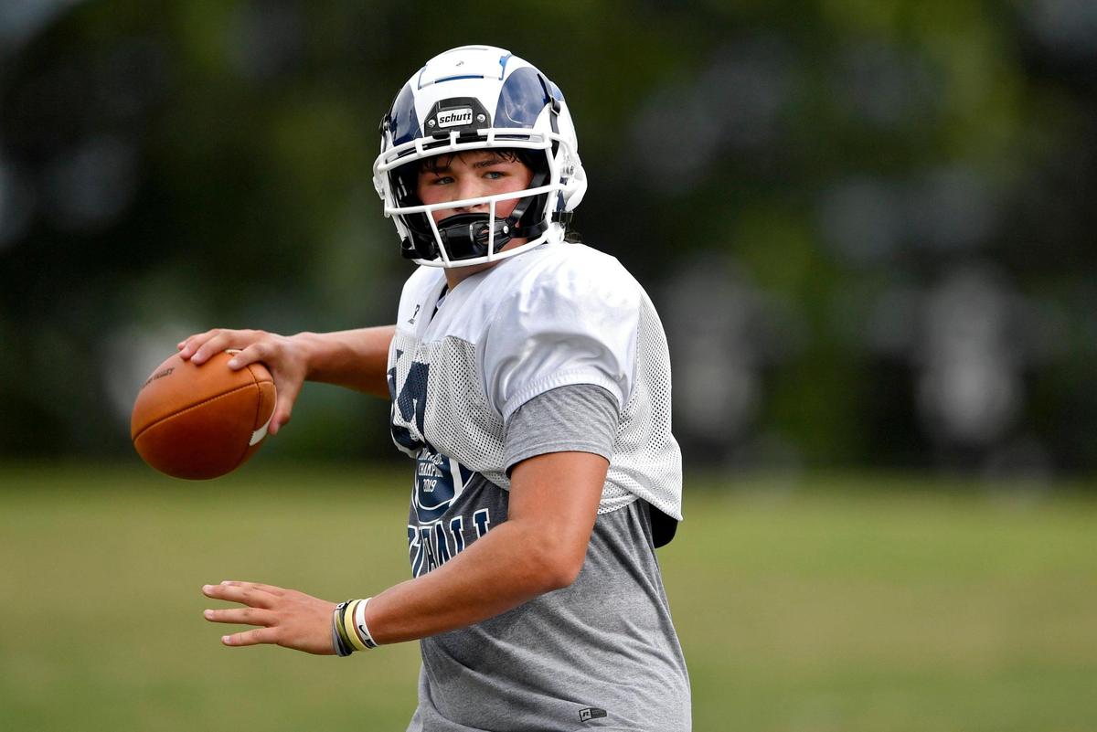 Penns Valley quarterback Aiden Brinker makes a pass during a drill at practice on Wednesday, Sept. 2, 2020.