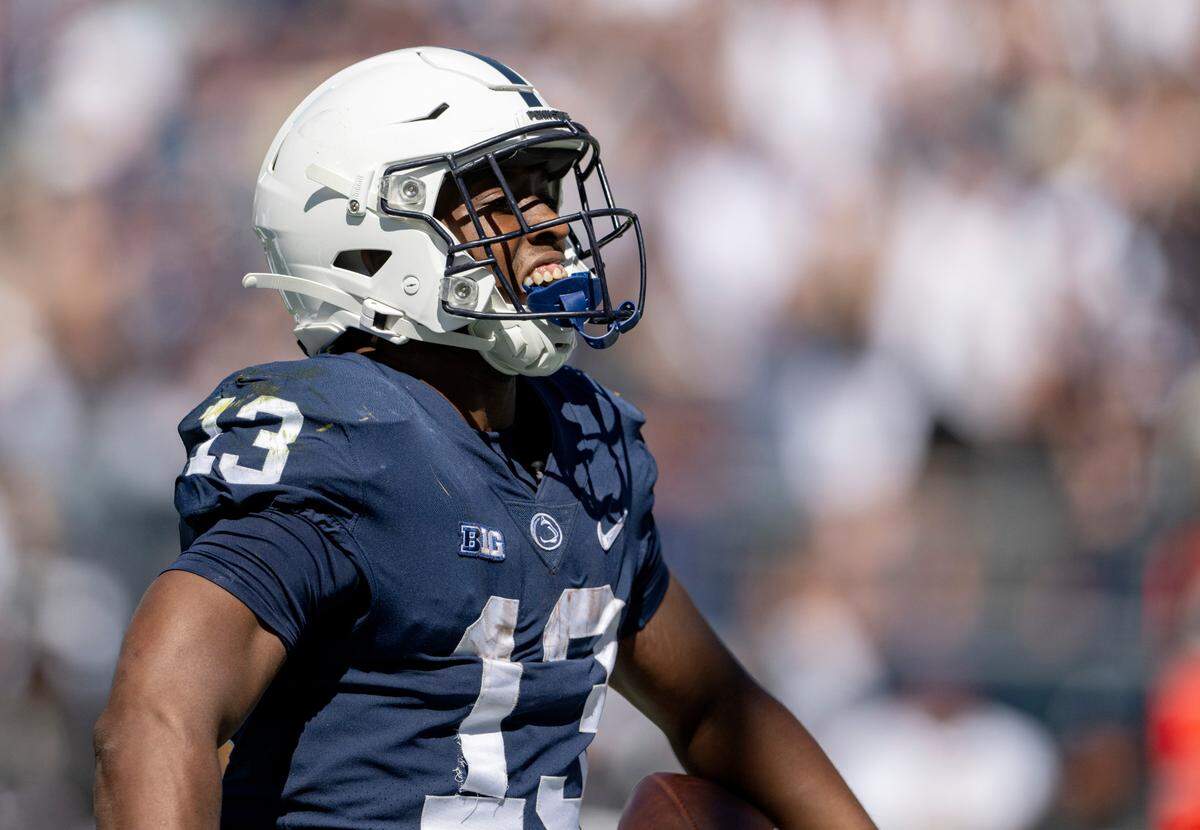 Penn State running back Kaytron Allen celebrates his touchdown during the game on Saturday, Sept. 24, 2022.
