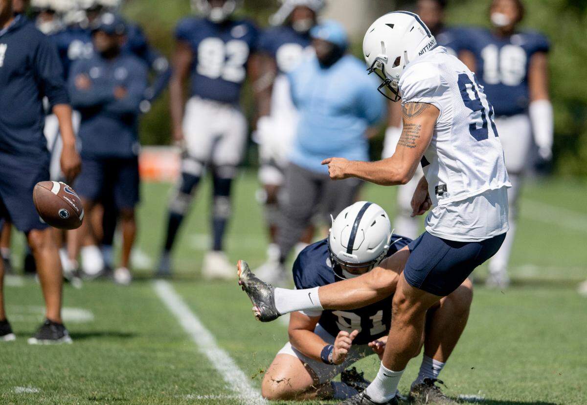Penn State’s Jake Pinegar kicks during practice on Saturday, Aug. 20, 2022.