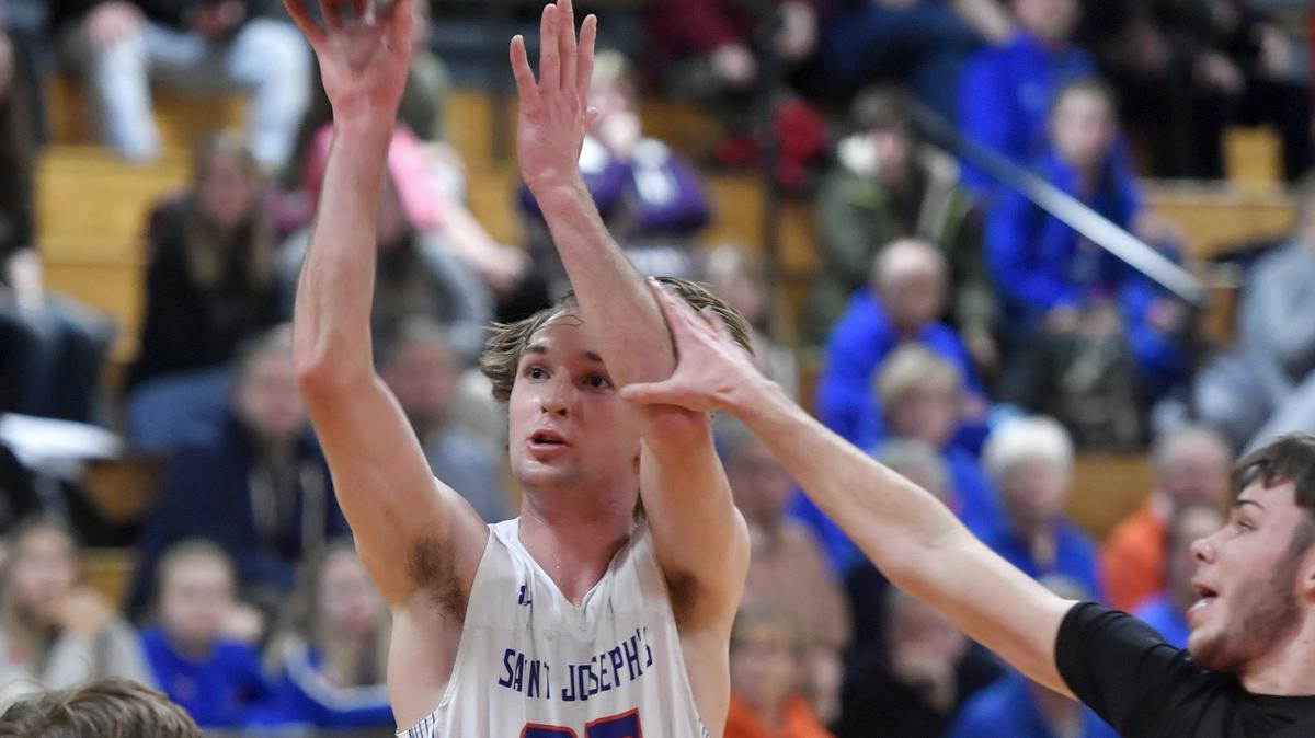 St.. Joseph’s Catholic Academy’s Jack Mangene, seen here last month, finished with 12 points and nine rebounds Friday in the 79-65 loss to Vincentian Academy in the opening round of the PIAA Class A Boys’ Basketball Championships. at Mt. Lebanon.